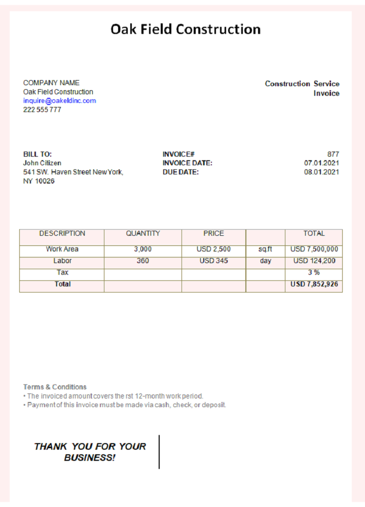 USA Oak Field Construction invoice PSD template